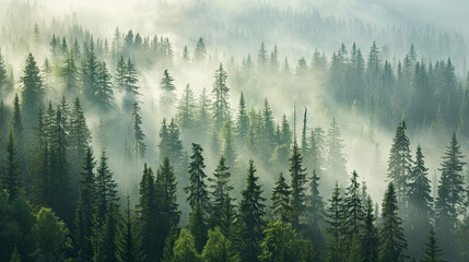 
In the morning, dense fog blankets the mountain landscape, veiling both the coniferous trees and the river - obrazy, fototapety, plakaty