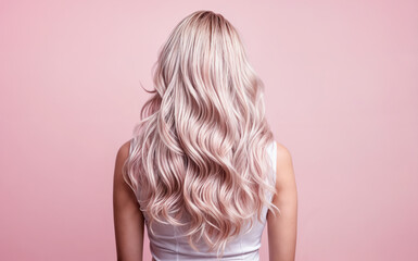 Young woman with dyed blonde pink curly hair isolated on pink background, back view. Perfect long wavy colorful unusual hair. Trendy hairstyle design.