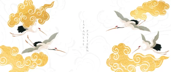 Foto op Plexiglas Japanese background with crane birds or herons element vector. Hand drawn wave chinese cloud decorations in vintage style. GOld watercolor painting with art abstract banner design © Marukopum