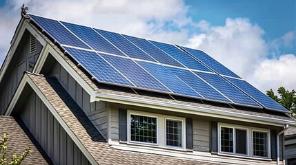 Solar panels on the roof of the modern house.