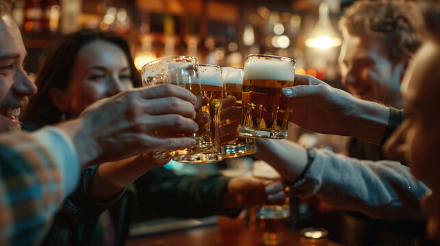 Young, smiling friends gathered in a bar, toasting with beers, creating lasting memories,