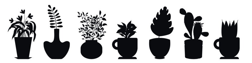 Houseplants. Vector set of outline drawings plants, succulents in pot. Indoor exotic flowers with stems and leaves. Monstera, ficus, pothos, yucca, dracaena, cacti - obrazy, fototapety, plakaty