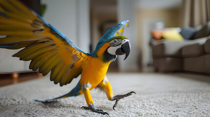 A yellow parrot raised at home flew over the carpet. Generative AI