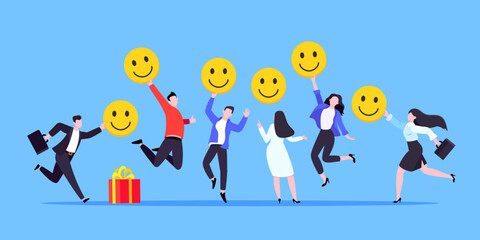 Employee satisfaction attitude survey feedback business concept flat style vector illustration. Business people with various feedback emoticons. Working happiness wellbeing and satisfaction feedback