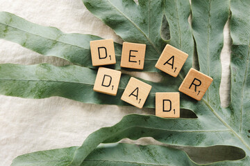 Scrabble letters dear dad on fresh table cloth with plant