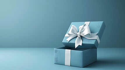 Blue open gift box with white bow on blue background