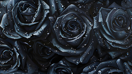 The early morning dew is gathering on a black rose. Generative AI - obrazy, fototapety, plakaty