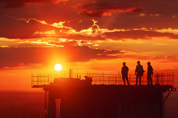 Naklejka premium Silhouette of a construction worker and team working together on a building site at sunset with a warm sky background.