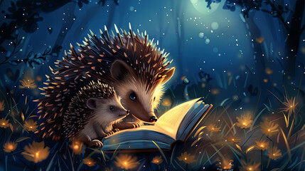 As the night falls, a mother hedgehog tenderly reads a bedtime tale to her baby before they cozy up for sleep together - obrazy, fototapety, plakaty
