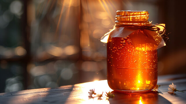 Honey jar on a wooden surface with sunlight filtering through, creating a warm, golden glow.