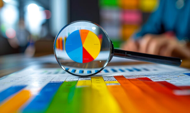 Magnifying glass focusing on colorful bar graph and pie chart data visualization on financial reports, analyzing business statistics and performance indicators.