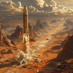 Interplanetare Reisen: Ein Raumschiff, das gerade von einer Raumstation auf dem Mars abhebt, um eine neue Kolonie auf einem anderen Planeten zu grÃ¼nden. - obrazy, fototapety, plakaty