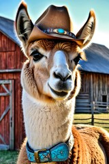 Fototapeta premium Cute cartoon llama cowboy. art illustration of an animal in wild west.