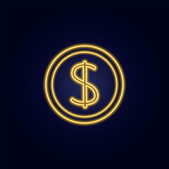 Golden dollar cent glowing neon line icon on black background. The concept of banking or business services. Vector illustration.