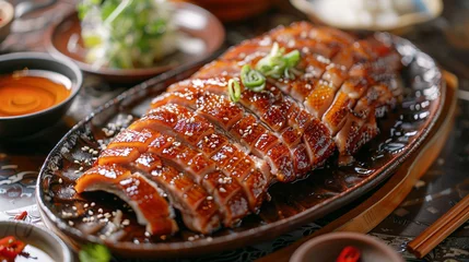 Foto op Plexiglas An illustration of the iconic Peking roast duck, golden and shiny, with crispy skin that cracks when touched. Juicy slices served with thin pancakes, spices and the rich essence of grilled meat.  © A LOT ABOUT EVERYTHI