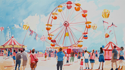 A painting of a carnival with a large Ferris wheel in the center