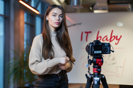 Russian teenage lady standing elegant, camera tripod whiteboard showing a presentation for a school project