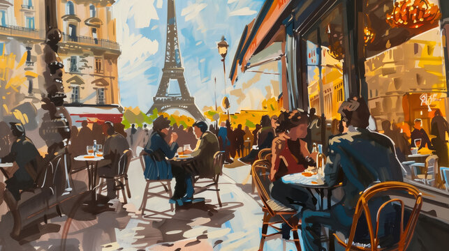 A painting of a busy Parisian street with people sitting at tables