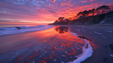 Vibrant sunset over a serene beach with reflective wet sand and gentle waves.