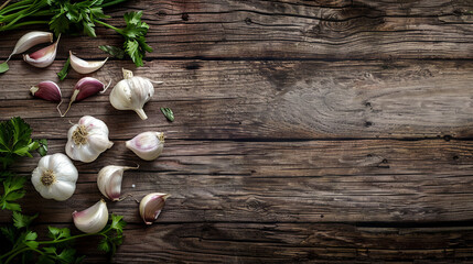 Obraz na płótnie Canvas Top-down view of freshly picked garlic meticulously arranged on a rustic wooden surface