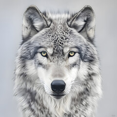 Naklejka na ściany i meble A wolf with white fur against a snow-white background is staring at me. Generative AI
