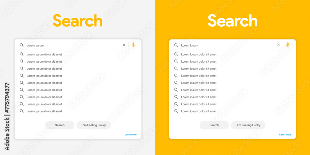 Poster Search Bar with suggestions for UI UX design and web site. Search Address and navigation bar icon. Collection of search form templates for websites. Search engine web browser window template.