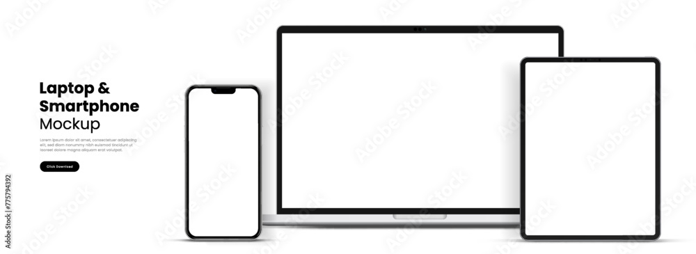 Poster Modern laptop mockup front view and high quality smartphone and tablet mockup isolated on white background. Notebook mockup and phone device mockup for ui ux app and website presentation.Stock Vector.
