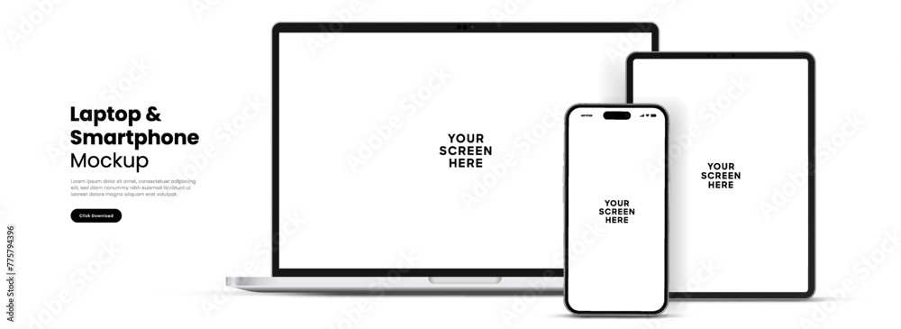 Poster Modern laptop mockup front view and high quality smartphone and tablet mockup isolated on white background. Notebook mockup and phone device mockup for ui ux app and website presentation.Stock Vector.