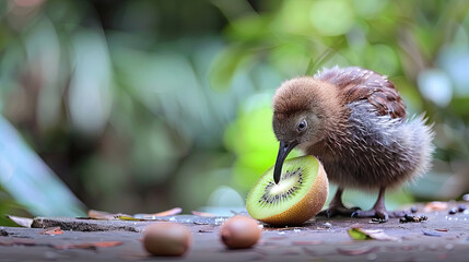 A small kiwi bird in its natural surroundings, with a kiwi fruit placed close by