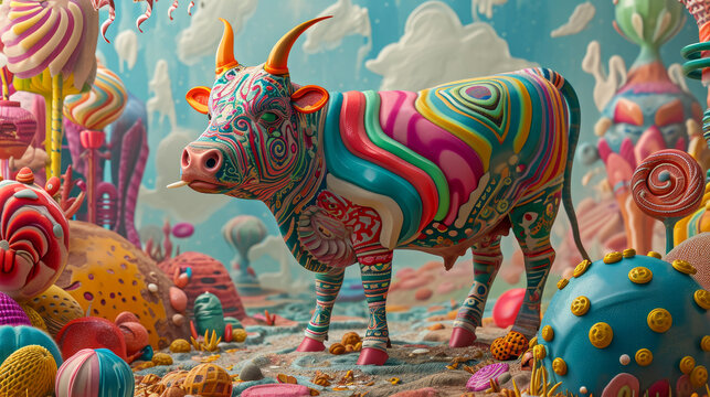 Surrealist painting depicting a cow, characterized by its exaggerated features and dreamlike imagery