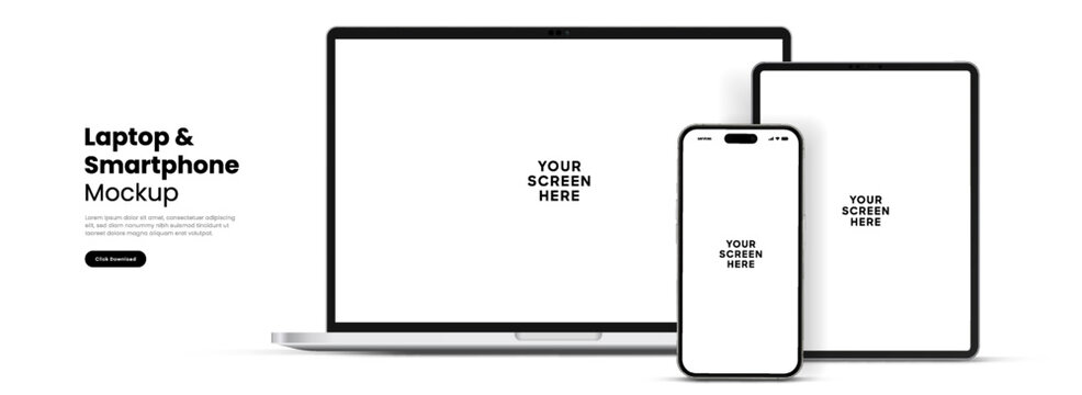 Modern laptop mockup front view and high quality smartphone and tablet mockup isolated on white background. Notebook mockup and phone device mockup for ui ux app and website presentation.Stock Vector.