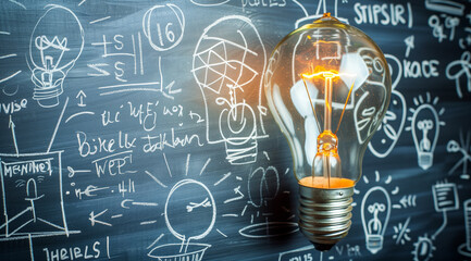 Light bulb on chalkboard ideas and concepts for innovative thinking in business, innovation or education concept
