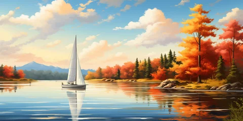 Rolgordijnen A  lone sailboat gliding across a calm lake, framed by vibrant summer foliage.  © Kaneez