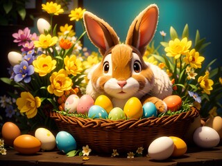 Spring Fling Vibrant Eggs and Playful Rabbit Amidst Colorful Blooms