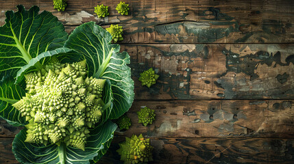 
Top-down view of fresh romanesco cabbage displayed on  wooden background - obrazy, fototapety, plakaty
