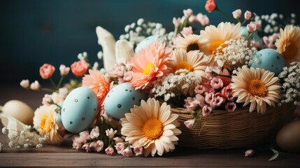 Obraz na płótnie Canvas Easter day background with egg ornaments, flowers and minimalist background colors
