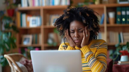 Stressed woman with headache working on laptop. - obrazy, fototapety, plakaty