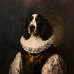 An aristocratic dog raised by a medieval aristocrat is photographed wearing what the aristocrats wear. Generative AI - obrazy, fototapety, plakaty