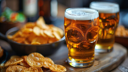 Three glasses of beer with a bowl of chips on a wooden table, representing leisure time at a pub. - obrazy, fototapety, plakaty