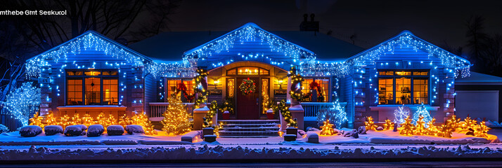 Decorated Houses with Fairy Lights for Christmas,
Exterior of a suburban house in the USA decorated for christmas and the new year holidays

