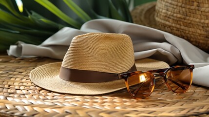 Summer background with beach hat and  palm tree leaves on a sunny day