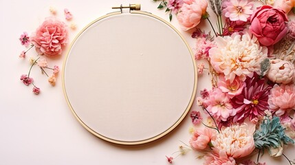 Flat lay blank embroidery hoop on pastel background with flowers