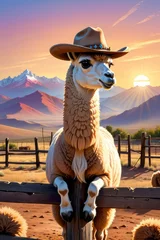 Deurstickers Cute cartoon llama cowboy. art illustration of an animal in wild west. © olenakucher