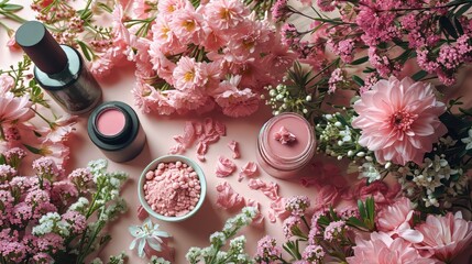 Feminine spring mockup with makeup, flowers and accessories in pastel colors