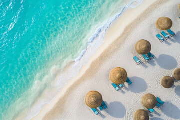 white sand beach with umbrellas and sun beds - 775796588