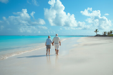Elderly couple walking on sandy beach - 775796714