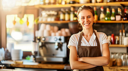 portrait of a young smiling waitress at a coffee shop standing behind the bar counter - leisure and catering concept