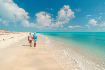 Elderly couple walking on sandy beach - 775796739