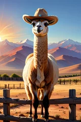 Foto op Canvas Cute cartoon llama cowboy. art illustration of an animal in wild west. © olenakucher