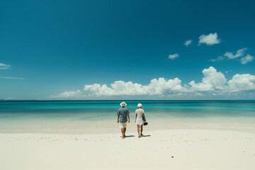 Elderly couple walking on sandy beach - 775796746
